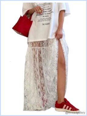 Sheer Lace High Waisted Maxi Skirt with Ruffled Hem A-Line